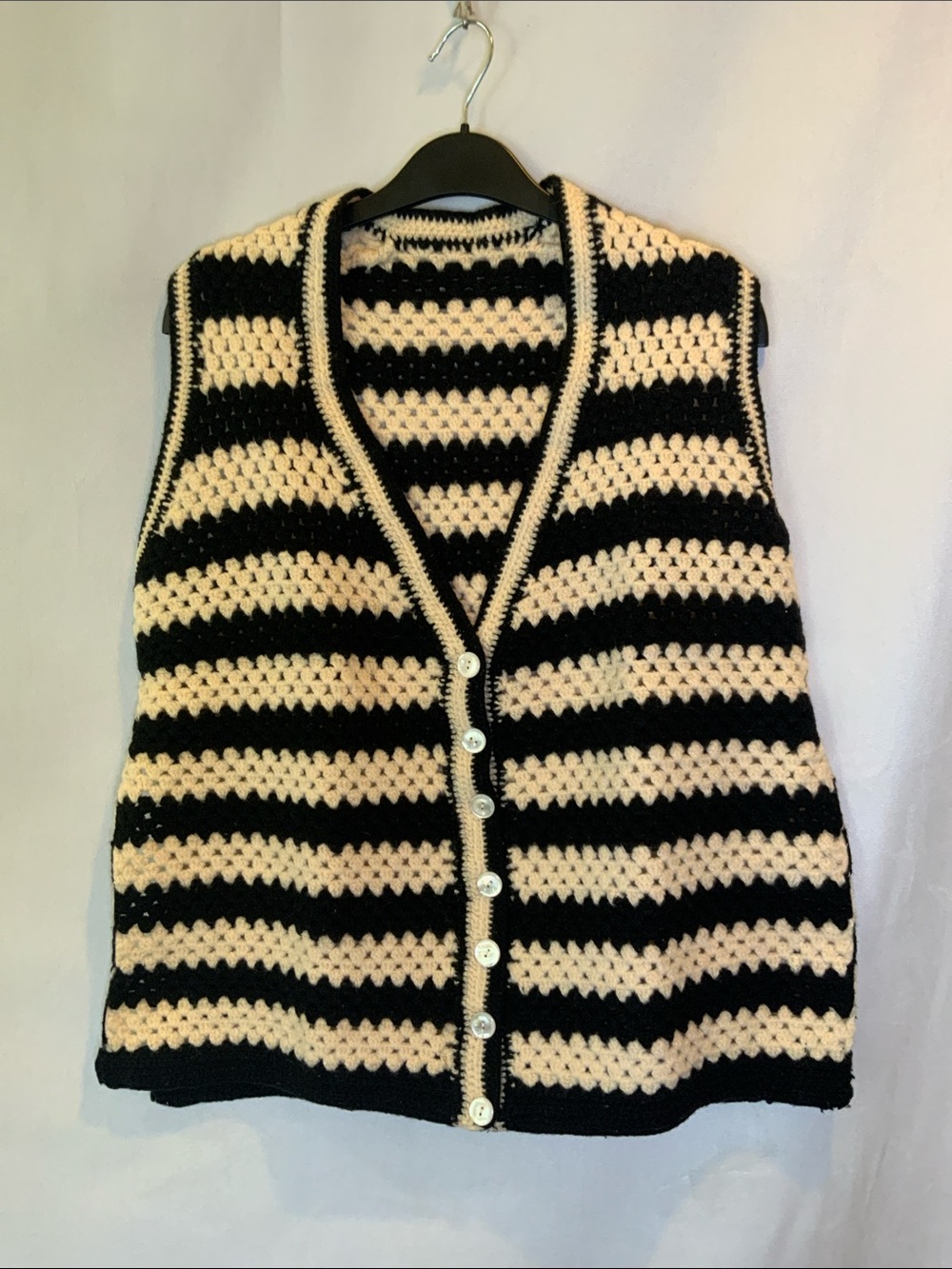 Women’s Hand Knit Crochet Black and Cream Striped Button Down Sweater Vest S/M